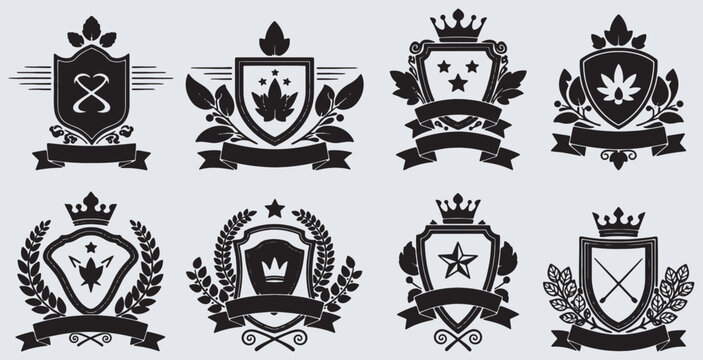 Set of eight elegant black and white heraldic shields with crowns, leaves, and ribbons, perfect for vintage design elements and emblems.