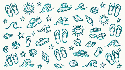 Naklejka premium Charming hand drawn summer vacation icons and symbols for beach holidays and travel adventures