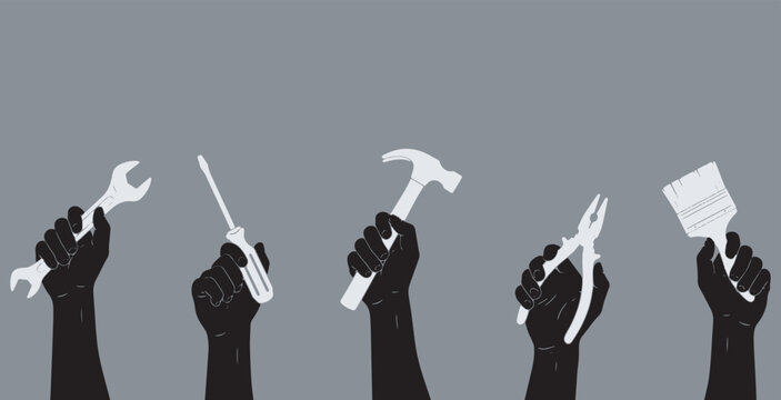 Silhouettes of hands holding various tools, symbolizing repair, construction, and DIY projects.