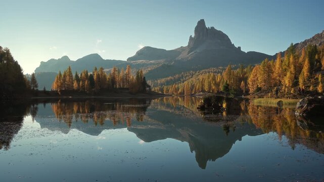 Scenic autumn landscape of Lago di Federa with Croda da Lago peak surrounded by larch forest in Dolomites, Italy