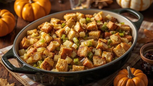 Homemade stuffing with celery, onions, and garlic for Thanksgiving turkey.