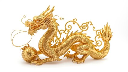 Fototapeta premium Isolated golden Chinese dragon on white background. Feng Shui figure.