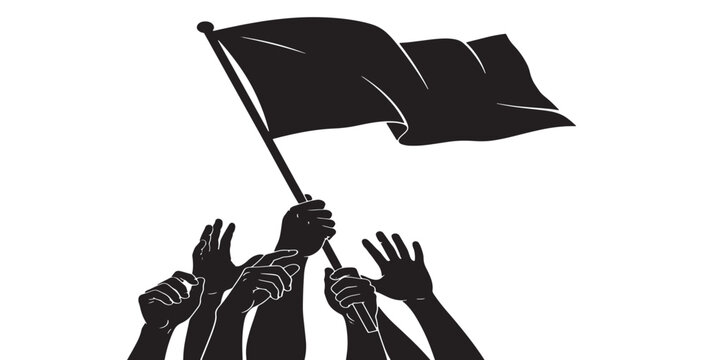 Black flag held high by many hands, symbolizing protest, revolution, and freedom, on a white background.