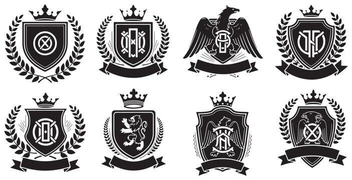 Set of eight elegant black and white heraldic crests with crowns, shields, and laurel wreaths, perfect for design elements.