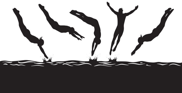 Set of black silhouettes of divers in various positions, jumping into water with splashes, isolated on a white background.
