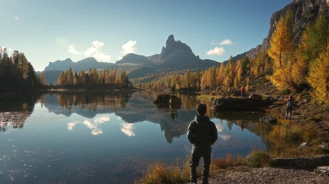 Scenic autumn landscape of male hiker visiting at Lago di Federa with Croda da Lago peak surrounded by larch forest in Dolomites, Italy