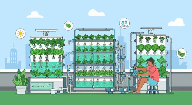 Urban farming innovation featuring hydroponic systems and rooftop garden with modern technology