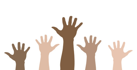 Fototapeta premium Diverse group of raised hands showing unity and support on a white background, representing community and equality.