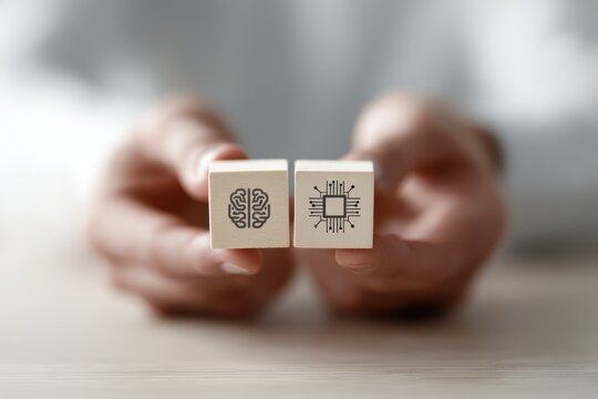 two hands holding wooden blocks with brain icon and AI chip icon symbolizing collaboration between human intelligence and artificial intelligence