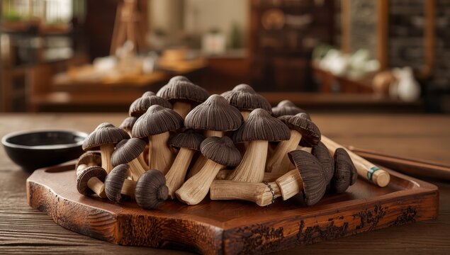Lentinus edodes mushrooms on a wooden surface.