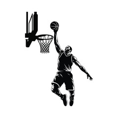 Silhouette of a basketball player in mid-dunk, dynamic action shot with intense focus and athleticism © Momin Stock