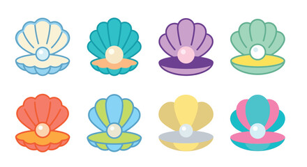 Colorful cartoon seashells arranged in two rows on a white background © Vactor media 