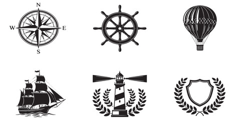Fototapeta premium Set of vintage nautical and travel-related icons including a compass, ship wheel, hot air balloon, sailing ship, lighthouse, and crest.
