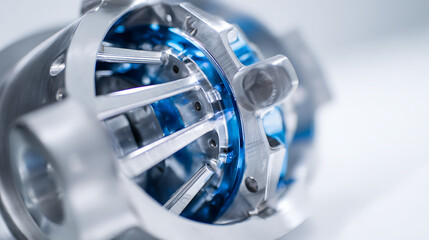 Fototapeta premium Precision engineered complex metal part with blue details close up. Modern industrial component on a white background, concept of technology
