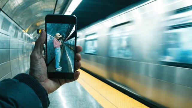 Person taking photo of woman with smartphone in subway station with train