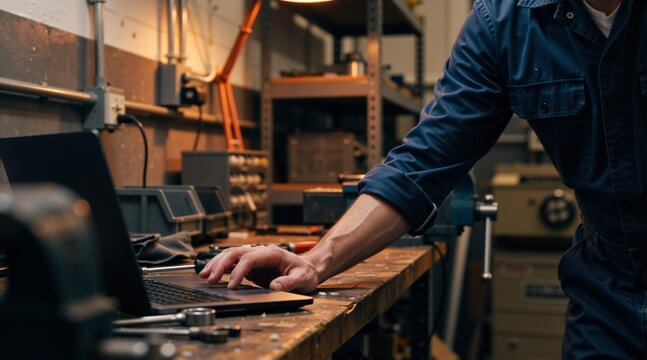 Mechanic using a laptop computer on a workbench with tools. Technology and digital diagnostics in an industrial workshop