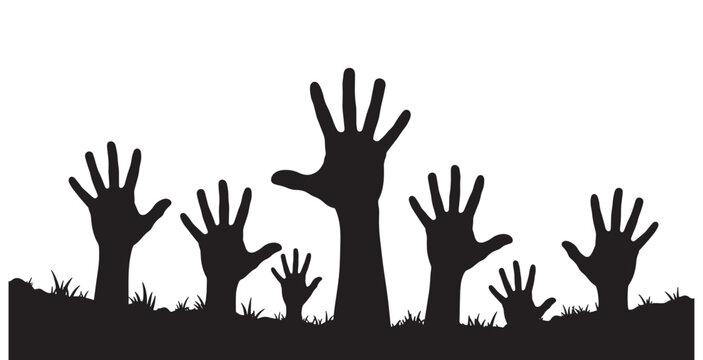 Silhouettes of zombie hands reaching up from the ground, a spooky and eerie Halloween graphic element.