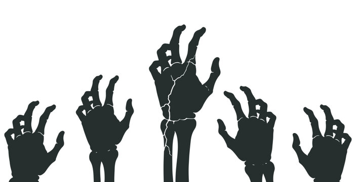 Silhouettes of five spooky skeleton hands reaching up from below, isolated on a white background, perfect for Halloween designs and horror themes.