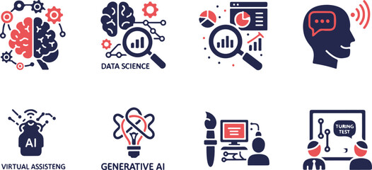 Obraz premium Flat design icons set of AI and data science concepts with magnifying glass and digital elements