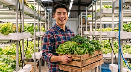 Obraz premium Smiling Asian male farmer holding a wooden crate of fresh vegetables. Young man working in a modern indoor hydroponic vertical farm