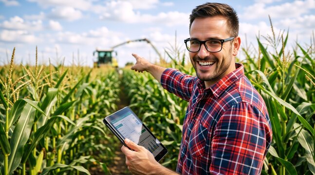 Smiling farmer holding a tablet with data charts in a cornfield. Agricultural worker pointing at a combine harvester. Smart farming and precision agriculture concept