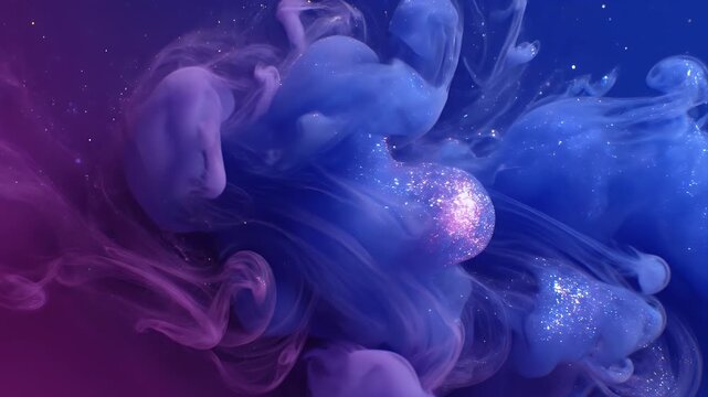 Abstract image of swirling ink with gradient background from purple to blue and glitter