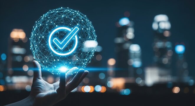 Glowing digital globe displaying a bright blue checkmark symbol held carefully in a human hand against a dark city backdrop at night