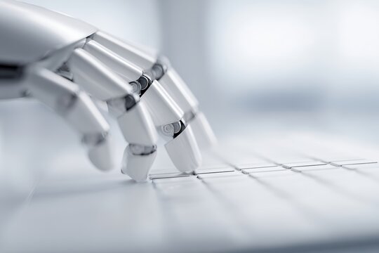 robotic hand interacting with computer keyboard in modern office workspace, human AI collaboration concept