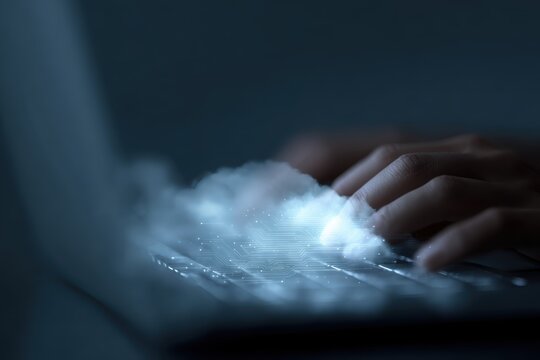 software developer typing on laptop with glowing cloud computing circuit icon and data transfer interface
