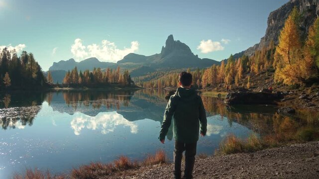 Scenic autumn landscape of male hiker visiting at Lago di Federa with Croda da Lago peak surrounded by larch forest in Dolomites, Italy