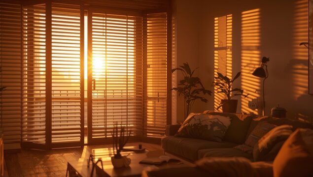 Medium slatted Venetian blinds fully opened in an apartment to allow sunlight inside.