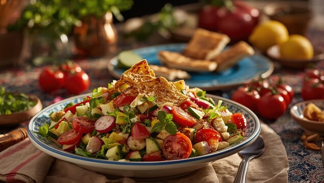 Mediterranean fattoush salad for Eid al-Fitr Ramadan iftar.