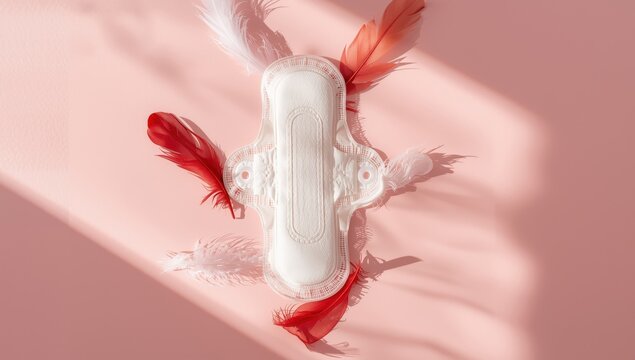 Menstrual hygiene product adorned with red and white feathers on a pink backdrop.