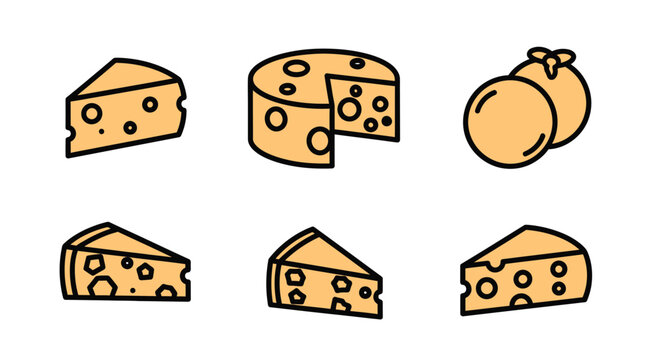 A stylized flat vector graphic collection showcasing various types of cheese, including wedges and wheels, presented in a minimalist, modern, and easily adaptable format for culinary and foo