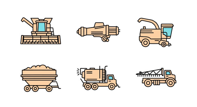 Set of six flat design farm vehicles and agriculture equipment in minimalistic style, featuring a combine harvester, sprayer, and fertilizer spreader on a white background.