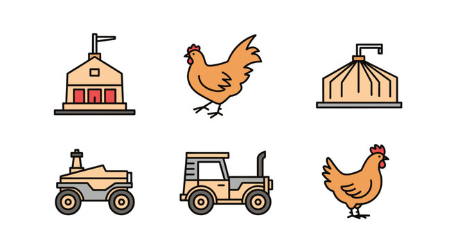 A collection of modern, minimalist icons depicting farm life, featuring a barn with a flag, a chicken in a walking pose, a silo, and two tractors, all set against a clean, white backdrop.