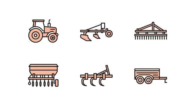 Minimalist vector set of various agricultural machinery including tractor, plows, and seeders presented in a flat design style against a transparent backdrop for versatile use.