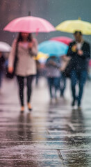Obraz premium Rainy Urban Commute: Blurred Pedestrians with Colorful Umbrellas on Wet Pavement