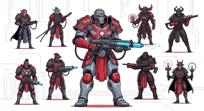 Stylized fantasy warriors with futuristic weapons, clad in armor and poised for battle scenarios