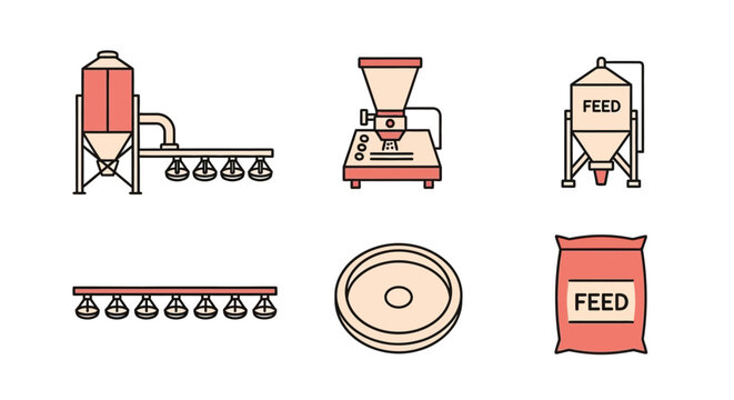 Minimalist vector set of industrial farming objects, shown in a simple cartoon style, including feed silos, grain grinder, feeding trough, and a bag of livestock feed for agriculture and ani