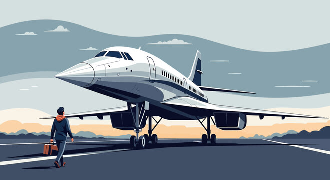 Stylized supersonic transport and a traveler standing on the tarmac anticipating flight