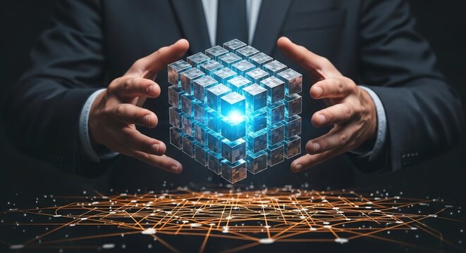 Businessman manipulating a glowing holographic cube structure composed of smaller blocks demonstrating big data processing and complex network management capabilities