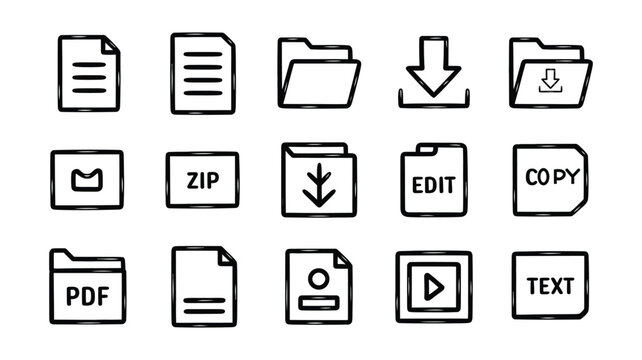 Minimal File Format Icons Set &ndash; Line Style Document, Folder, PDF, Copy, Edit Symbols for Web & App UI