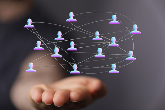 Abstract network of people linked together in a hand. Conceptual representation of community, connection, teamwork, soc