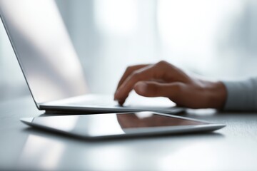 Fototapeta premium Close up hands using laptop and tablet for online work, digital business