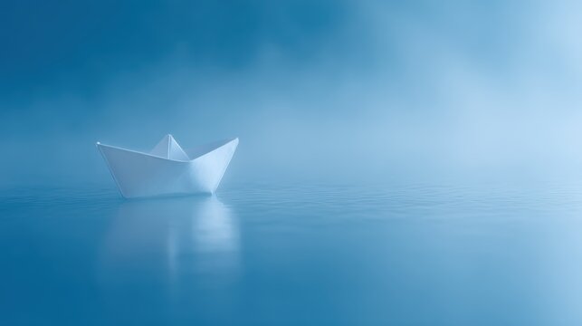 Lonely white paper boat drifting on calm blue water with mist, minimal emotional concept