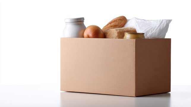 Donation box filled with food supplies isolated on white background, charity and support concept