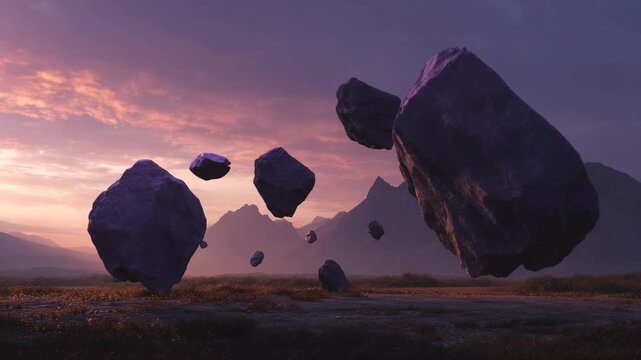Purple Rocks Levitating at Sunset Over Mountains, Purple rocks levitate at sunset, casting shadows over distant mountains under a vibrant sky
