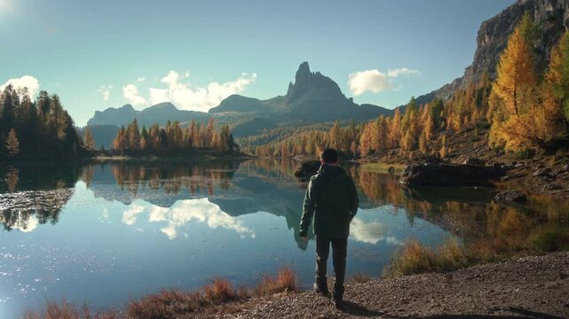Scenic autumn landscape of male hiker visiting at Lago di Federa with Croda da Lago peak surrounded by larch forest in Dolomites, Italy