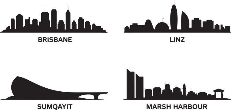 Brisbane Linz Sumqayit Marsh Harbour city skylines silhouettes modern architecture unique vector graphics